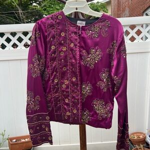 Chico's Magenta Embellished Satin Open Front Jacket